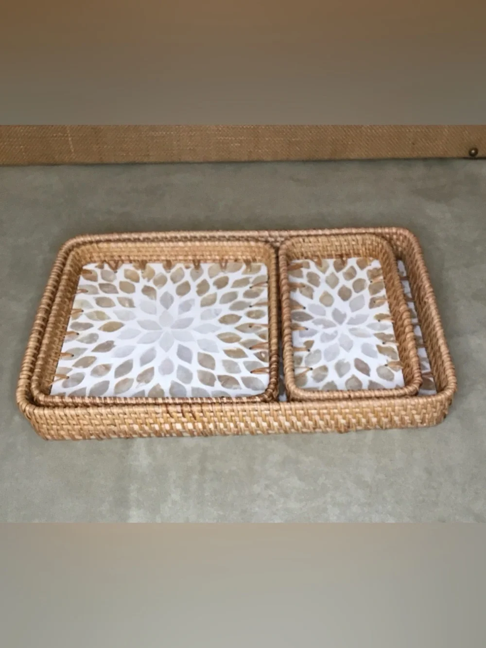 Brazil Station Handwoven Rattan Mother of Pearl Service Tray Set of Three.